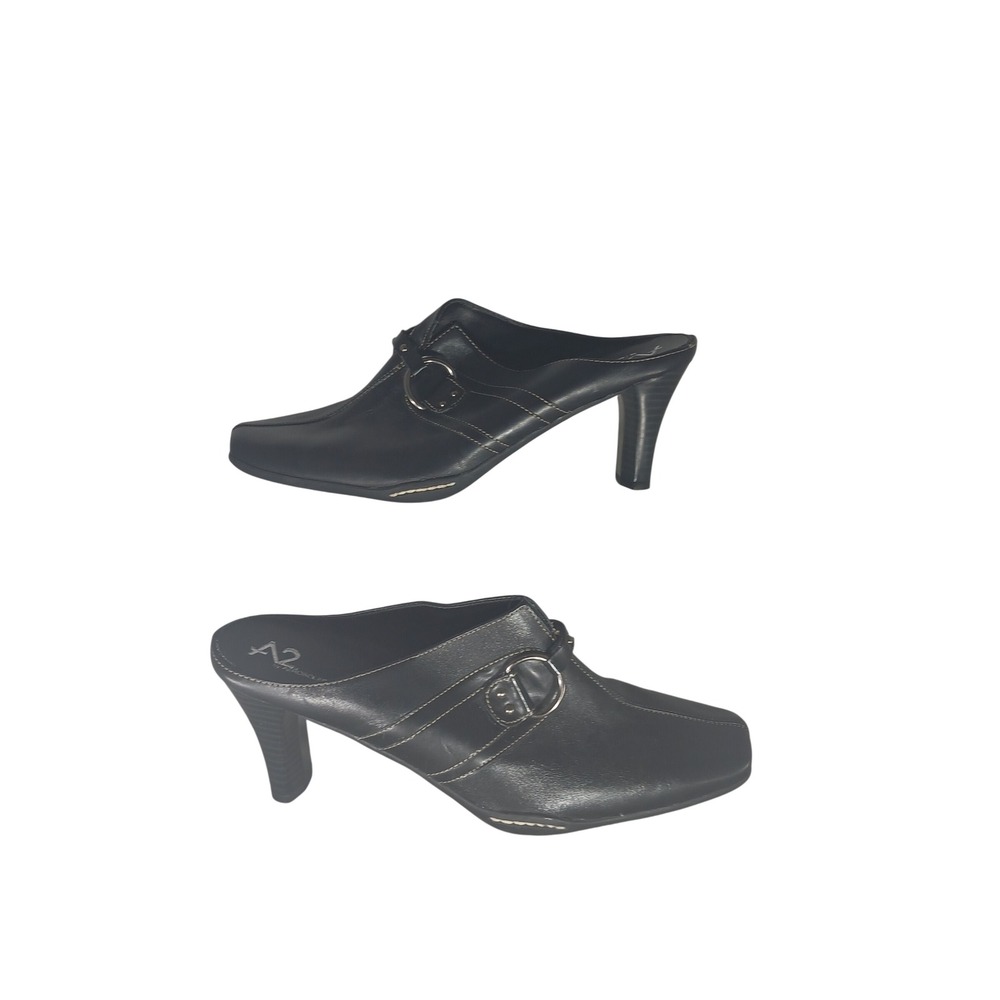A2 by Aerosoles Mule‎ Heels 9.5 Black Square Toe Buckle Officecore Y2K Chic